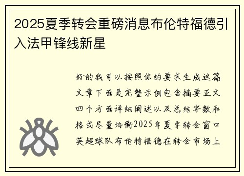 2025夏季转会重磅消息布伦特福德引入法甲锋线新星