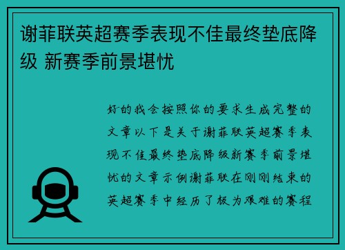 谢菲联英超赛季表现不佳最终垫底降级 新赛季前景堪忧